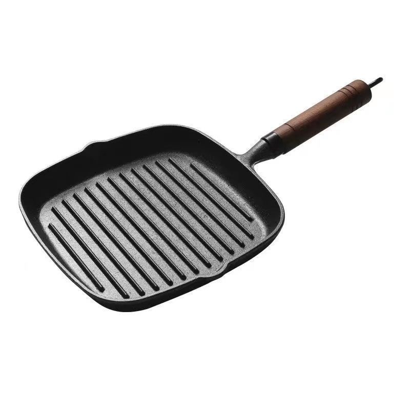 Custom Logo Thickened Striped Cast Iron Steak Skillet New Square Cookware Frying Pan with Wooden Handle for the Kitchen