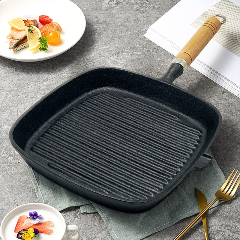 Custom Logo Thickened Striped Cast Iron Steak Skillet New Square Cookware Frying Pan with Wooden Handle for the Kitchen