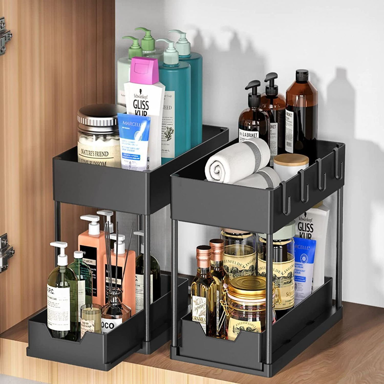 Double-Layer Metal Under Sink Organizer Space-Saving Storage Shelf for Home Bathroom and Kitchen