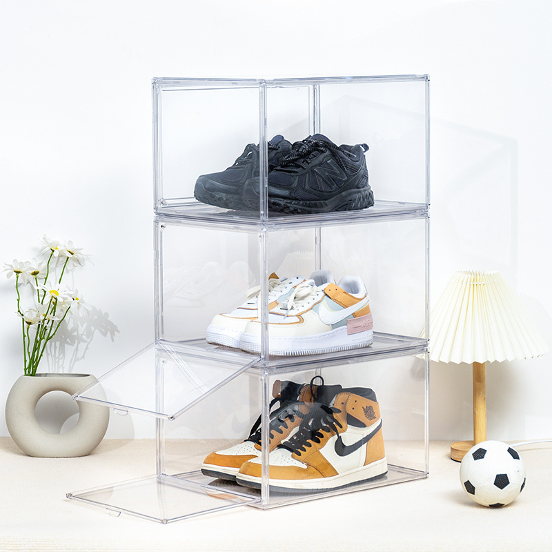 Wholesale Magnetic Drop Front Plastic Shoe Storage Boxes Shoes Case Box Transparent Acrylic Stackable Display Shoe Box