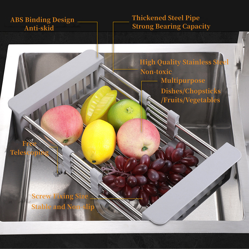 Kitchen Sink Stainless Steel Telescopic Drainer Shelf Fruits Vegetables Drain Basket Adjustable Sink Dish Drying Rack