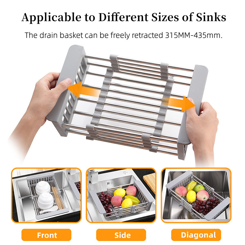 Kitchen Sink Stainless Steel Telescopic Drainer Shelf Fruits Vegetables Drain Basket Adjustable Sink Dish Drying Rack