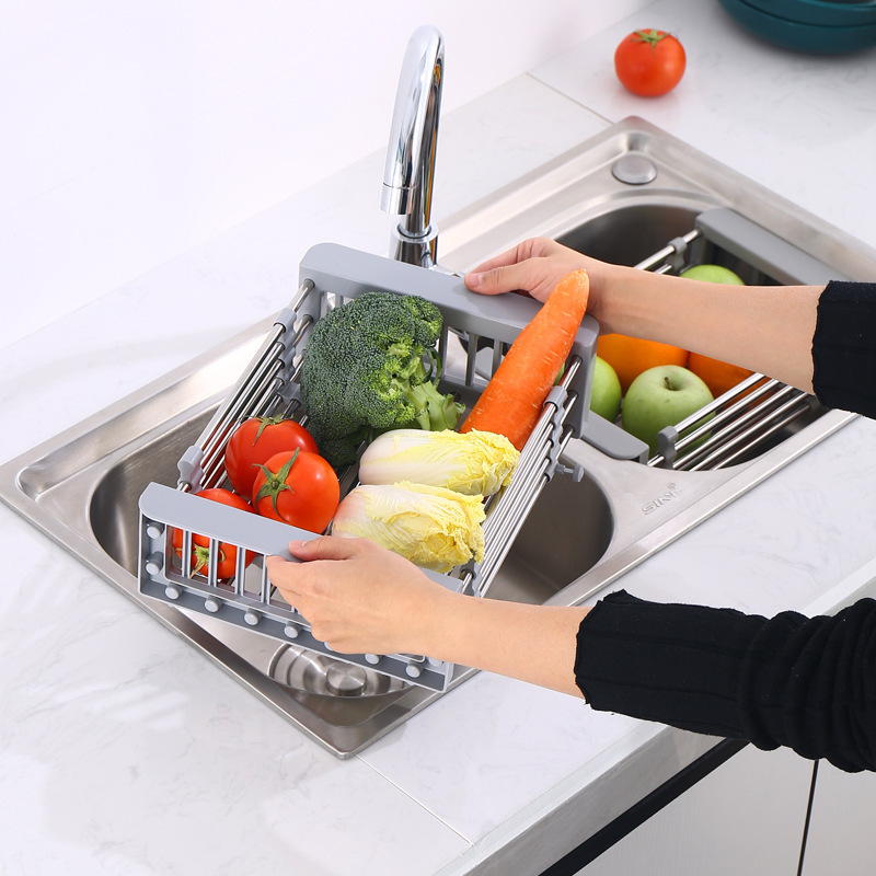 Kitchen Sink Stainless Steel Telescopic Drainer Shelf Fruits Vegetables Drain Basket Adjustable Sink Dish Drying Rack