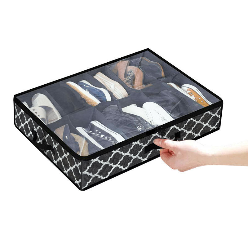 High Quality Fabric Underbed 12 cells shoe storage bags Foldable Shoe Storage Organizer with Clear Window for Closet