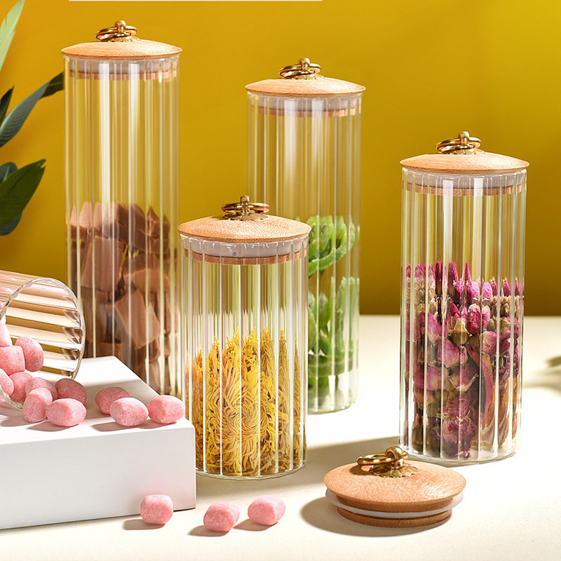 High Quality High Borosilicate Glass Jars Air Tight Stripe Glass Food Storage Containers with Bamboo Lids Cookie Candy Jars