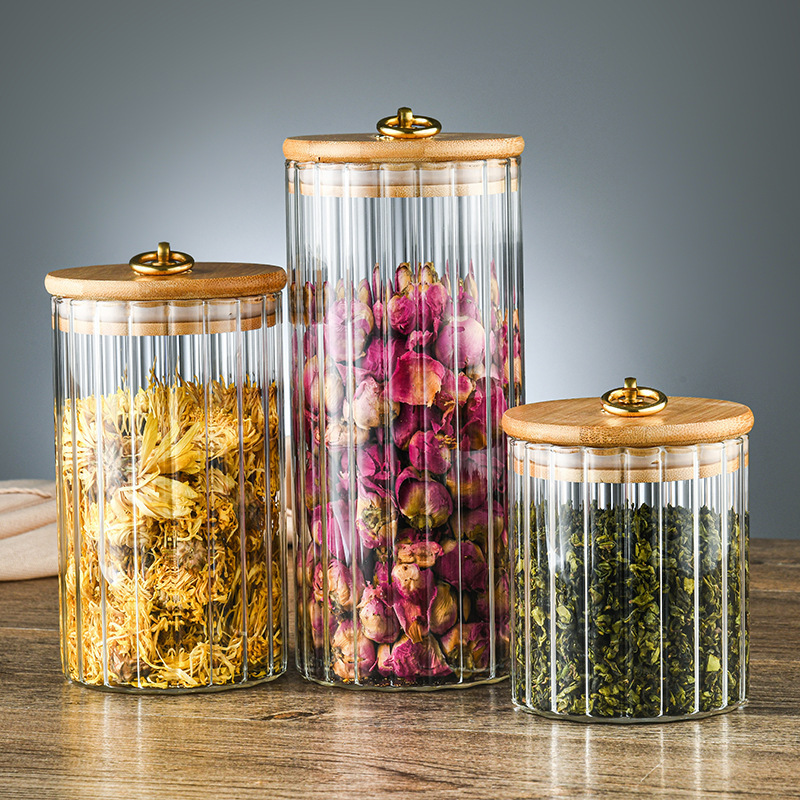 High Quality High Borosilicate Glass Jars Air Tight Stripe Glass Food Storage Containers with Bamboo Lids Cookie Candy Jars