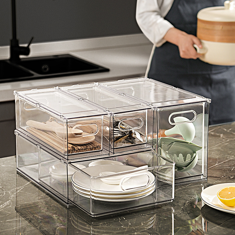 New 3L 6L 9L Transparent PET Divider Refrigerator Drawer Storage Box Kitchen Pantry Stackable Food Organizer with Handles