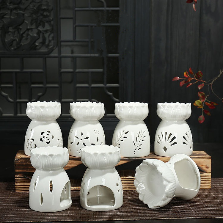 New Decoration Ceramic Essential Oil Candle Burner Hollow White Wax Melt Burner Essential Fragrance Oil Burner for Yoga Spa