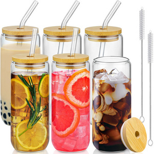 Wholesale Drinking Glass Cup with Straw and Bamboo Lid 16oz Tumbler Cup Water Coffee Juice Soda Beverage Milk Glass Can