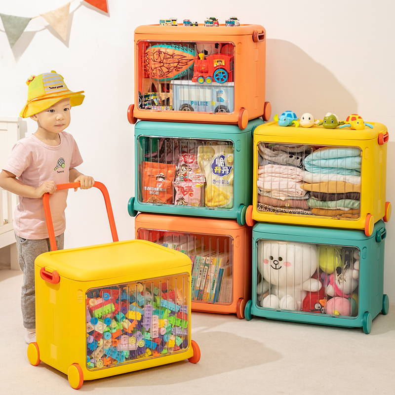 High Quality Large Collapsible Front Open Plastic Kids Toys Storage Box with Wheels Colorful Portable Trolley Organizer Box