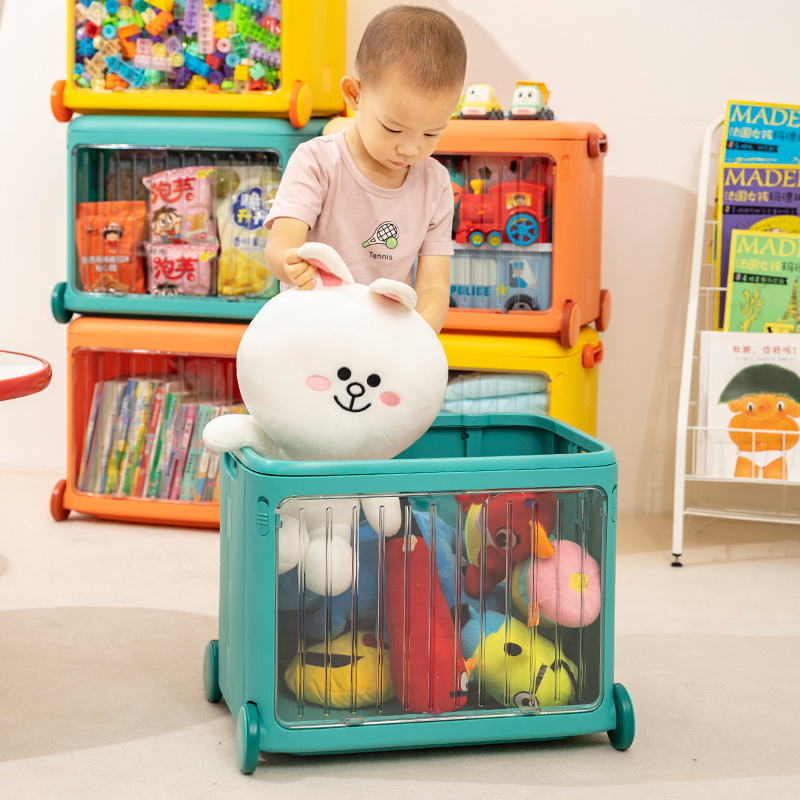 High Quality Large Collapsible Front Open Plastic Kids Toys Storage Box with Wheels Colorful Portable Trolley Organizer Box