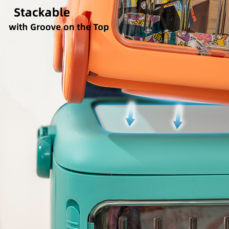 High Quality Large Collapsible Front Open Plastic Kids Toys Storage Box with Wheels Colorful Portable Trolley Organizer Box