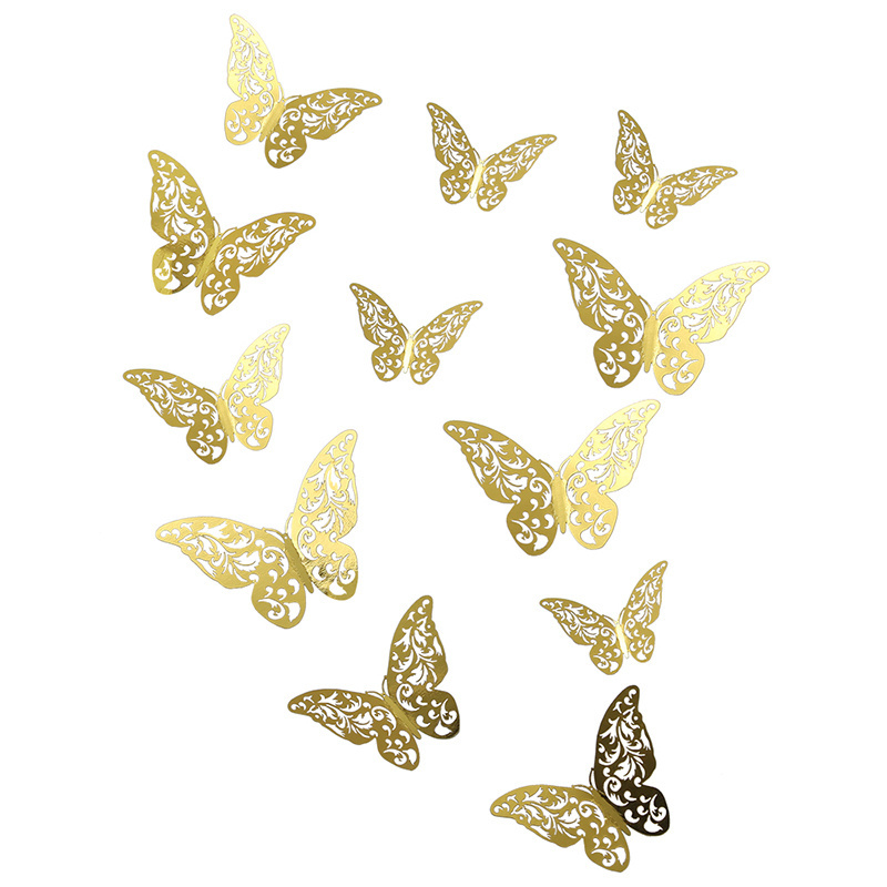 Hot Sale Custom 12pcs/pack Gold Silver 3D Paper Butterfly Decorations Wall Sticker Birthday Wedding Party Home Decoration