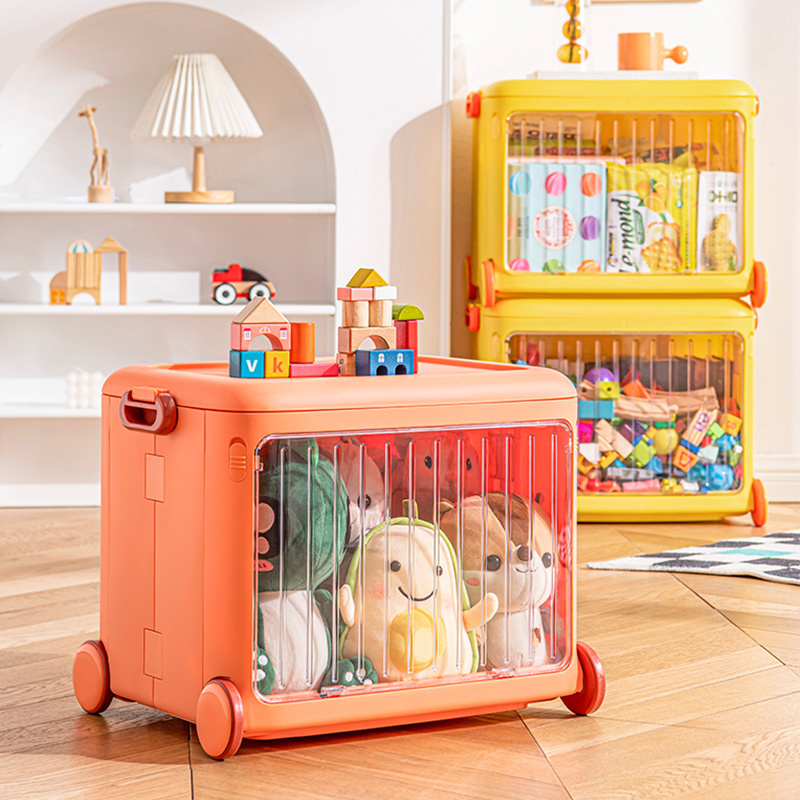 High Quality Large Collapsible Front Open Plastic Kids Toys Storage Box with Wheels Colorful Portable Trolley Organizer Box