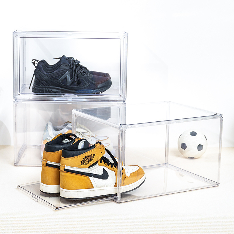 Wholesale Magnetic Drop Front Plastic Shoe Storage Boxes Shoes Case Box Transparent Acrylic Stackable Display Shoe Box