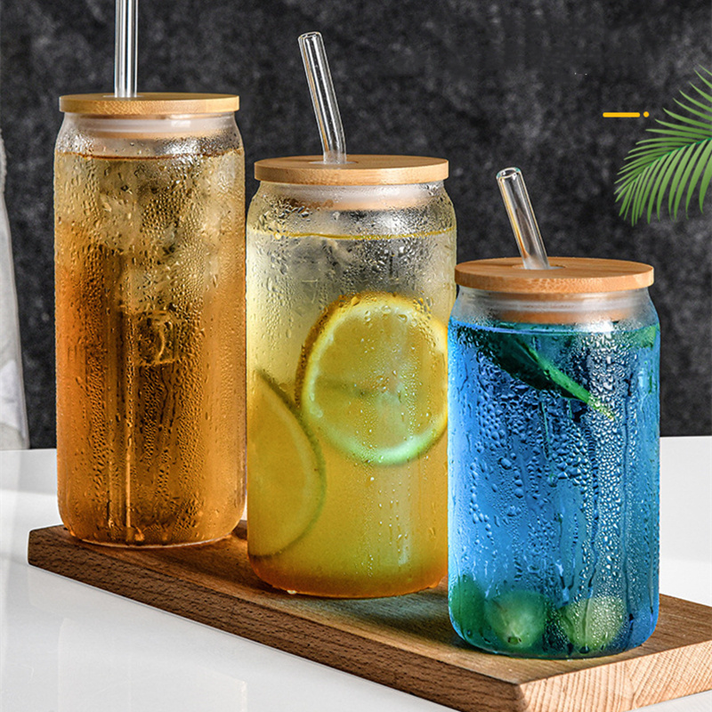 Wholesale Drinking Glass Cup with Straw and Bamboo Lid 16oz Tumbler Cup Water Coffee Juice Soda Beverage Milk Glass Can