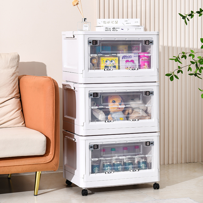 New Multilayer Stackable Folding Cube Box with Wheels Collapsible Storage Bins with Side Doors Plastic Storage Boxes with Lid