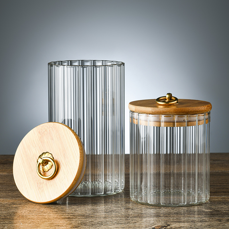 High Quality High Borosilicate Glass Jars Air Tight Stripe Glass Food Storage Containers with Bamboo Lids Cookie Candy Jars