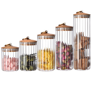 High Quality High Borosilicate Glass Jars Air Tight Stripe Glass Food Storage Containers with Bamboo Lids Cookie Candy Jars