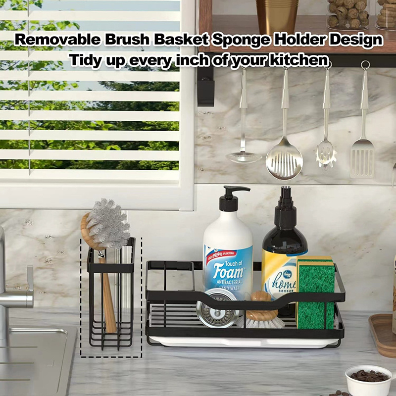 Wholesale Metal Kitchen Sink Storage Rack Sponge Soap Holder Kitchen Sink Caddy Organizer with Drain Tray