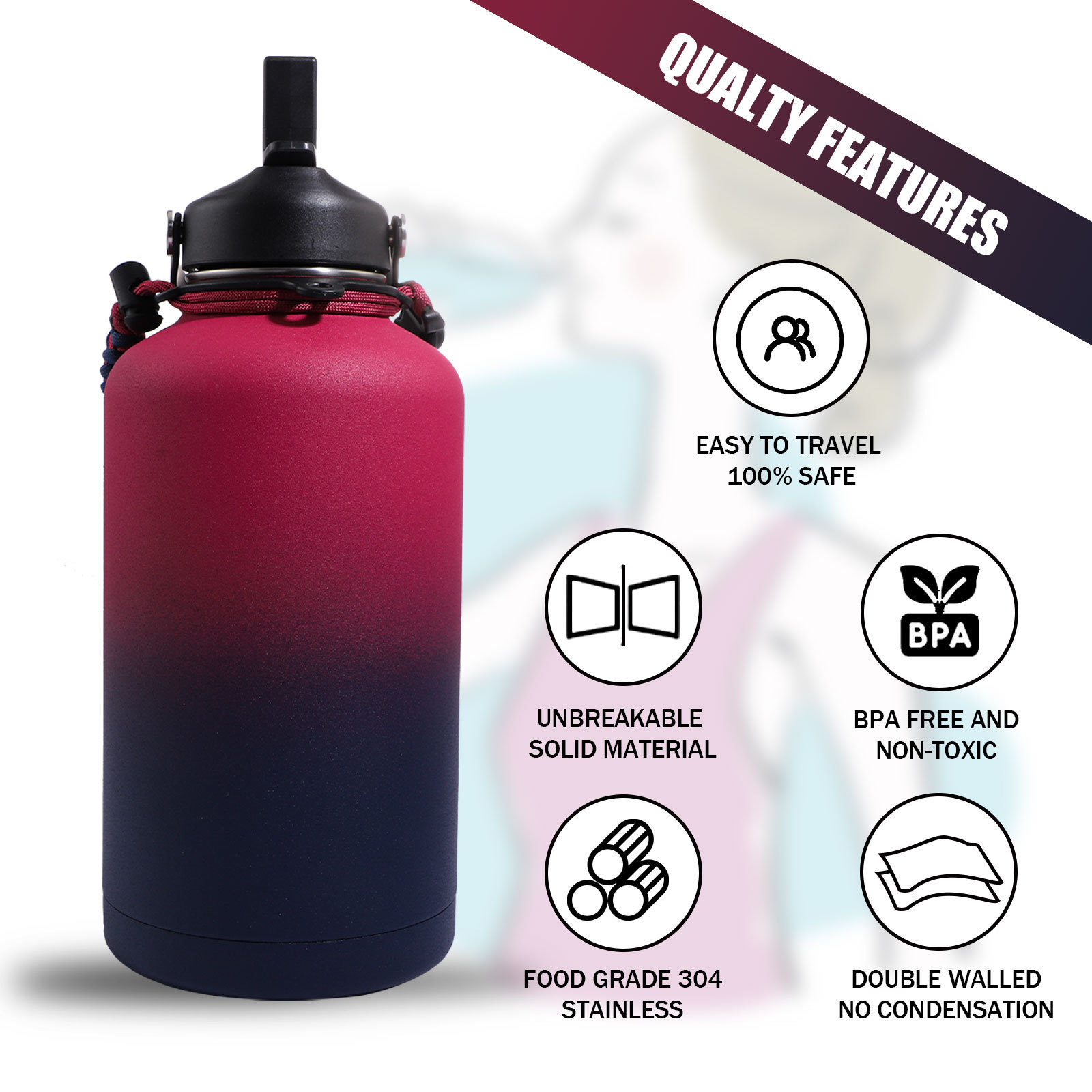 WNTS Water Bottle - 64 Oz Half Gallon Large Metal Stainless Steel Water Jug, Big Double Wall Vacuum Flask, Leakproof Keep Cold