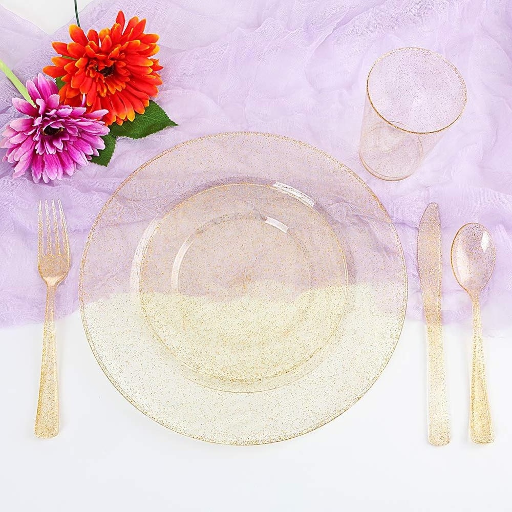 120piece Chunky Gold Glitter Disposable Plastic Luxury Wedding Plates