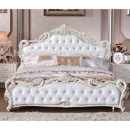 Solid wooden King Bed White Frame with Carved Padded Headboard - antique Wood Furniture Handmade manufacture