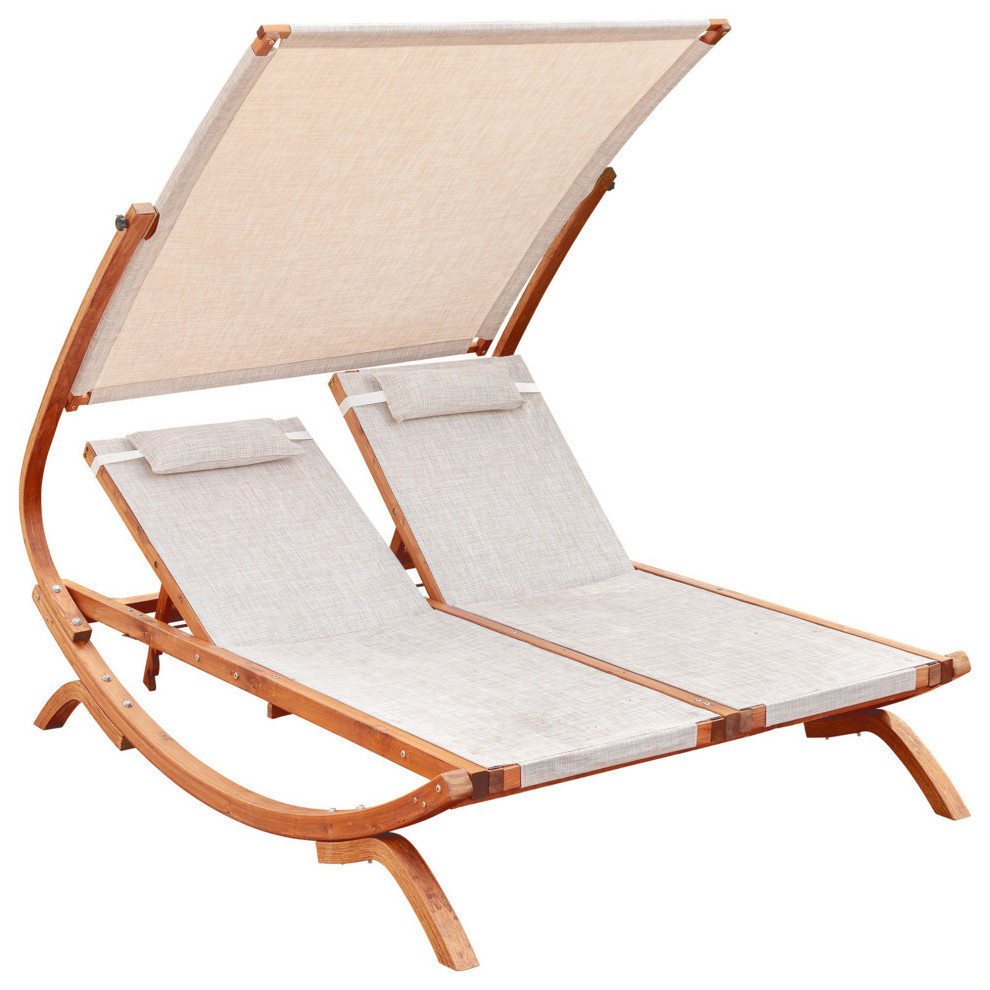 New Design 2023 Double Reclining Lounge Chair with Canopy Teak Wood Frame Natural Color with White Fabric Bed Best Selling