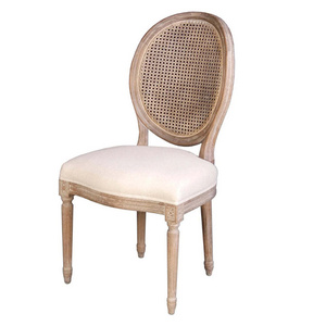 Natural Vintage French Dining Chair Wooden Rattan Fabric Seat Cafe Bar Furniture Chair Restaurant Set Wholesale