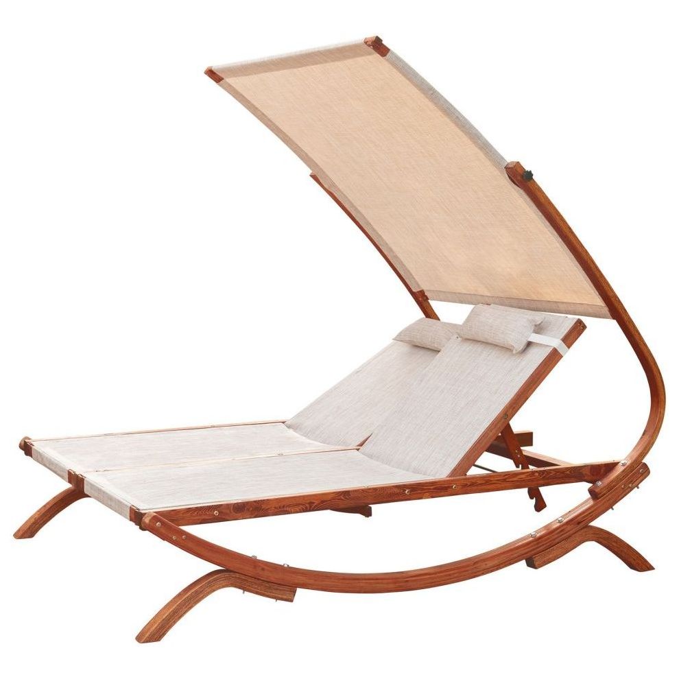 New Design 2023 Double Reclining Lounge Chair with Canopy Teak Wood Frame Natural Color with White Fabric Bed Best Selling