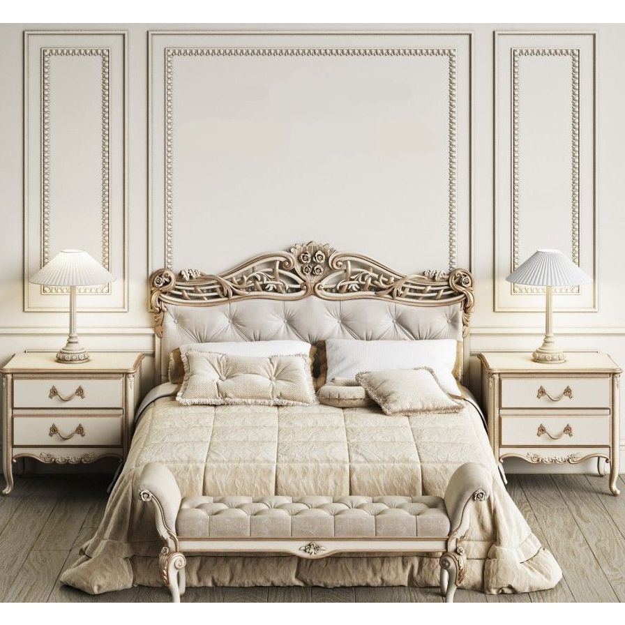 Elegant Style Bed Made Solid Wood With High Quality Bed French Style cream color For Bedroom Furniture