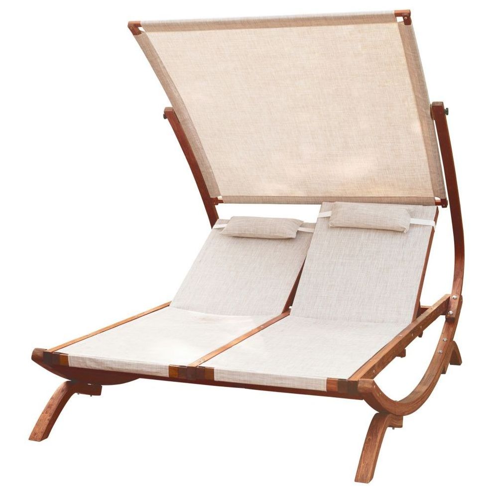 New Design 2023 Double Reclining Lounge Chair with Canopy Teak Wood Frame Natural Color with White Fabric Bed Best Selling