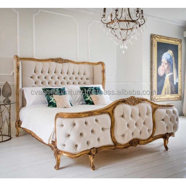 Classic Bed Padded France Style With Custom Frame Color Carved Solid Wooden Furniture Manufacture