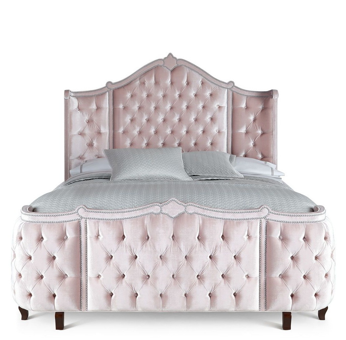 Luxury Upholstered Tufted Bed Frame Elegant Girl Style Solid Wood Padded Headboard King Size Bed bedroom decor