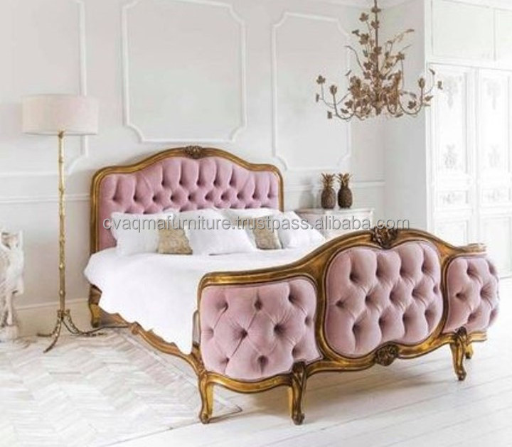 Classic Bed Padded France Style With Custom Frame Color Carved Solid Wooden Furniture Manufacture