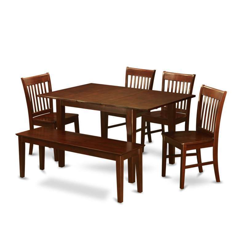 Mid Century Dark Walnut and Teak Wood Table Bench Set with Upholstered Chairs Indoor Restaurant Furniture