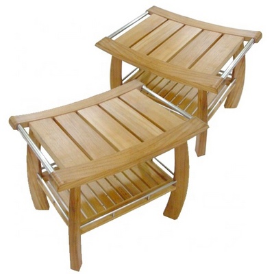 Shower Bench Made Of Teak Wood , Teak Shower Bench Stool With Shelf, Solid Wood Knock Down Model Bathroom Furniture 3