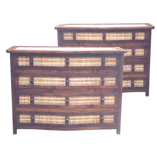 Teak Bamboo Wardrobe 4 Drawers Teak Wooden Frame and Bamboo Rattan Webbing Wardrobe Bedroom Furniture Home Furniture