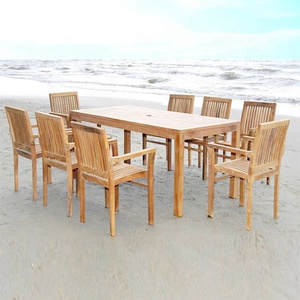 modern hotel outdoor furniture garden furniture set Teak wood Garden Set 8 Stacking Chair and Rectangular Fix Table