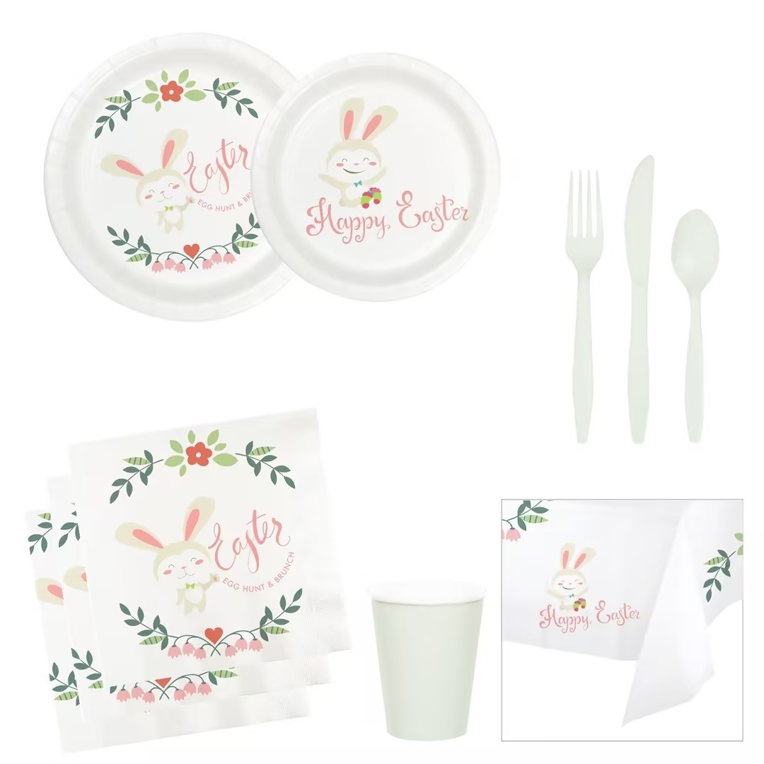 CIVI Kids Paper Cups and Plates Baby Boy Little White Rabbit Theme Paper Plates Decorations for Events Party Supplies