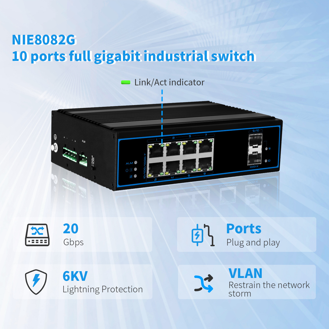 Hot Selling Full Gigabit Industrial 10 Ports Ethernet Switch 1000Mbps SFP Sports Unmanaged DIN rail Network Switch