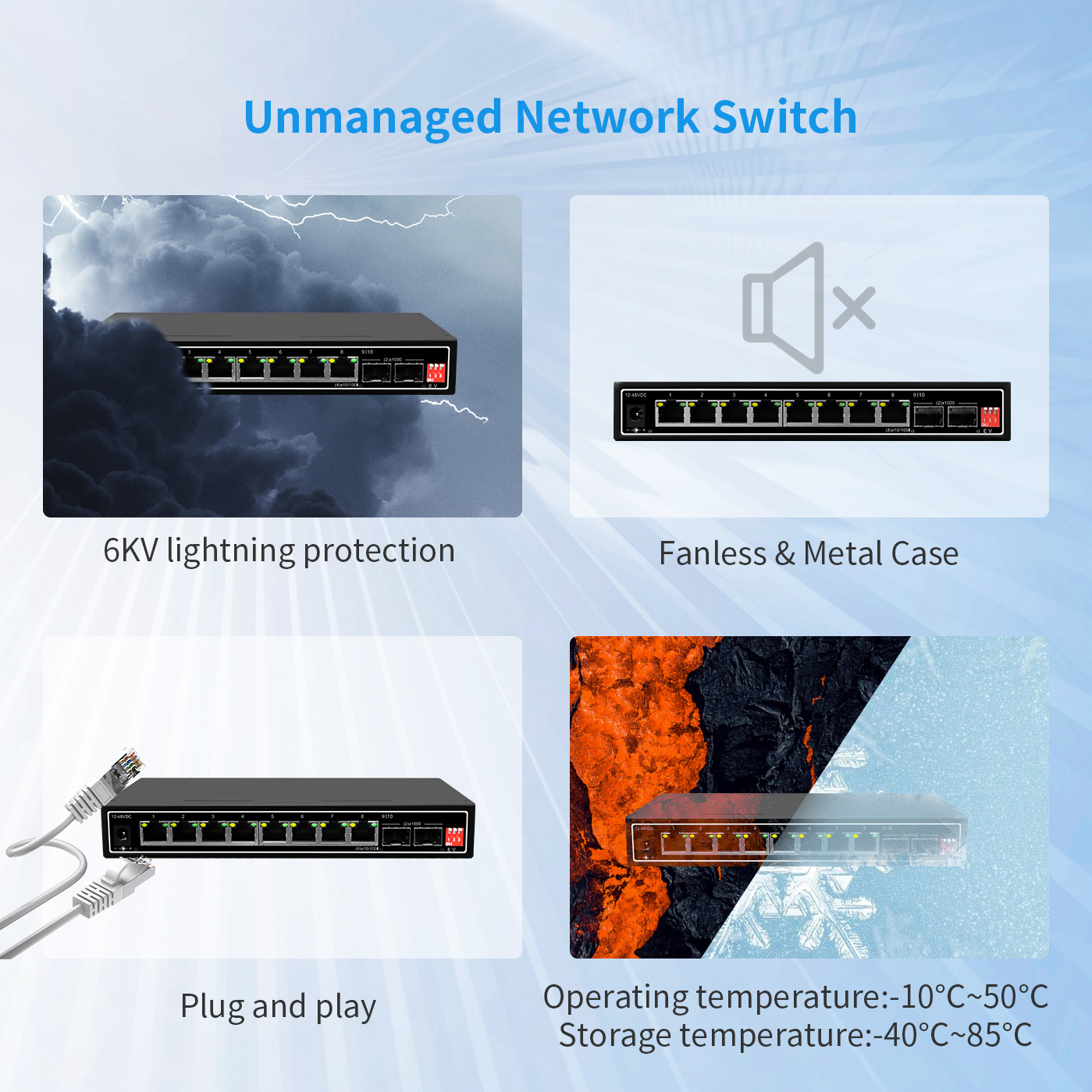 Factory OEM/ODM 10/100/1000M ethernet fiber switch POE gigabit with 2 SFP ports POE Network Switch 10 ports