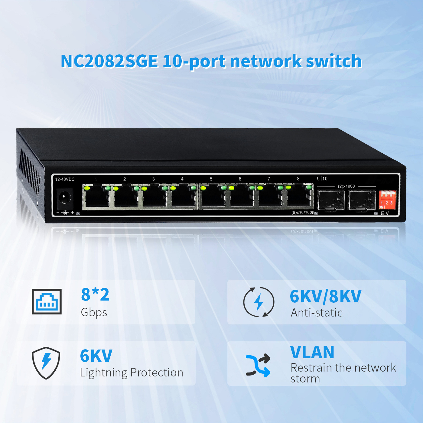 Factory OEM/ODM 10/100/1000M ethernet fiber switch POE gigabit with 2 SFP ports POE Network Switch 10 ports