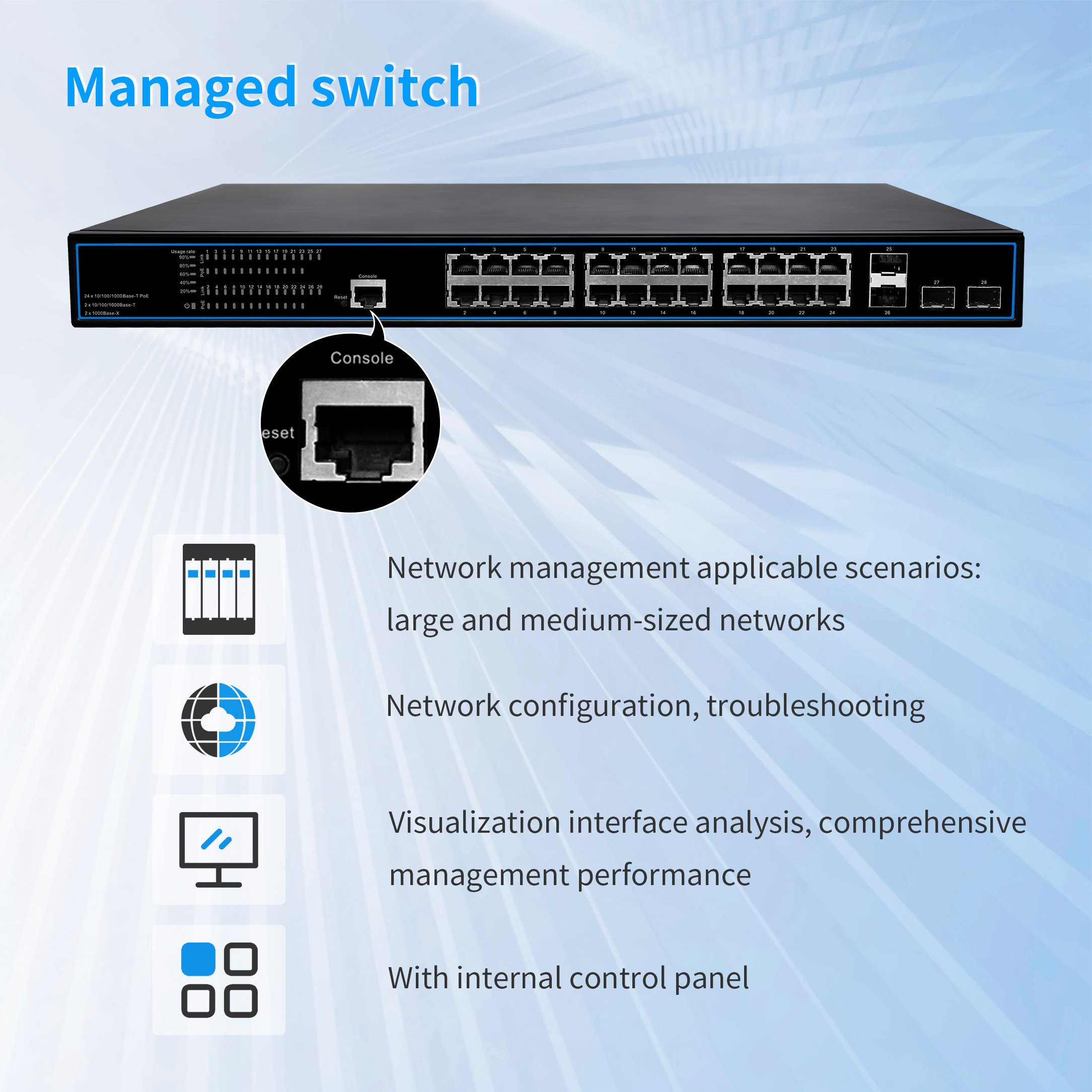 Full Gigabit L2 Managed Switch 8 16 24  28 52 Port 1000mbps 400W Managed Network Switch Support QOS VLAN MSTP+POE switch