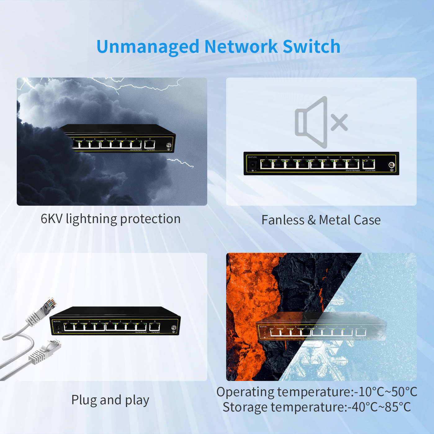 RJ45 8 port Industrial network ethernet switch Unmanaged 10/100/1000M Ethernet poe fiber Switch 120w standard AF/AT POE 30w