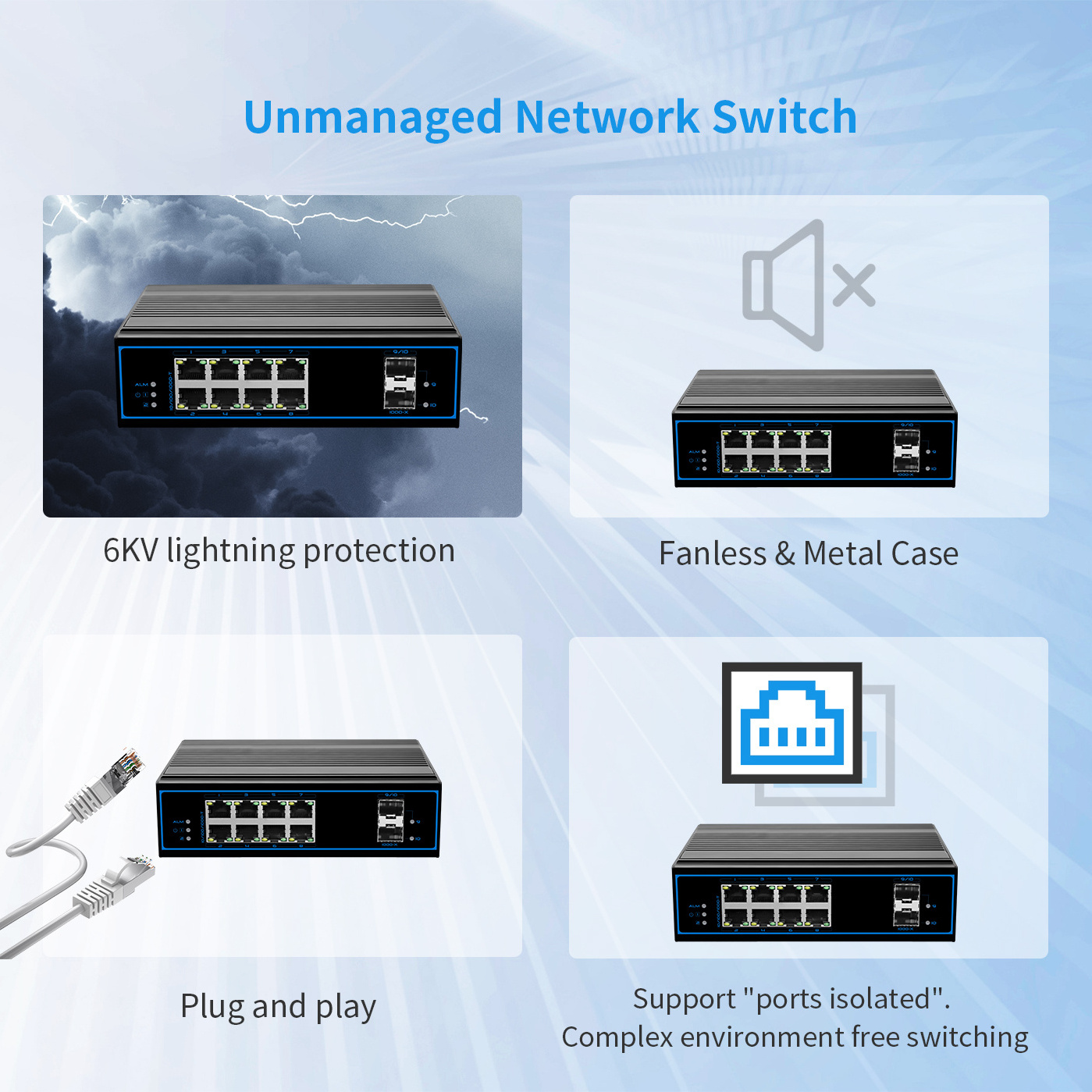 Hot Selling Full Gigabit Industrial 10 Ports Ethernet Switch 1000Mbps SFP Sports Unmanaged DIN rail Network Switch