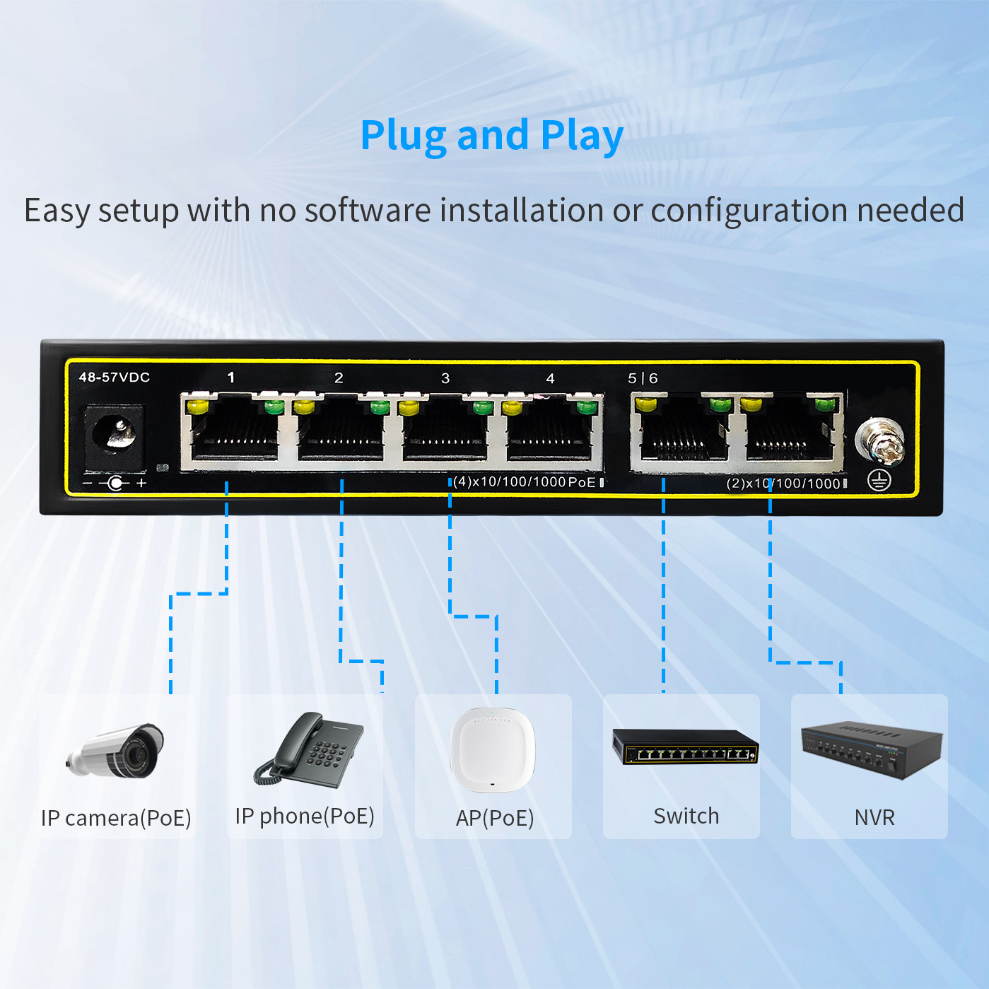 Desktop/Wall-Mount 802.3af/at VLAN Mode  4 Gigabit PoE 60W 2 Uplink Gigabit Port ,6 Port Gigabit Ethernet Unmanaged PoE Switch