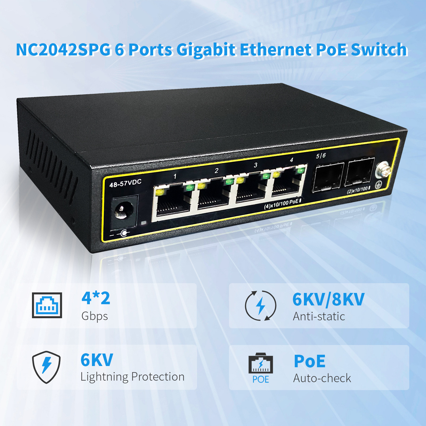 Desktop/Wall-Mount 802.3af/at VLAN Mode  4 Gigabit PoE 60W 2 Uplink Gigabit Port ,6 Port Gigabit Ethernet Unmanaged PoE Switch