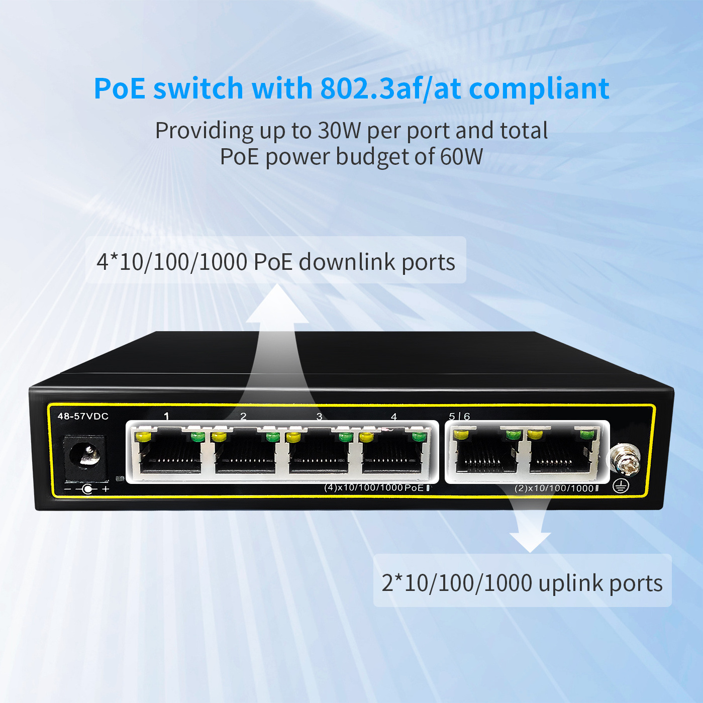 Desktop/Wall-Mount 802.3af/at VLAN Mode  4 Gigabit PoE 60W 2 Uplink Gigabit Port ,6 Port Gigabit Ethernet Unmanaged PoE Switch