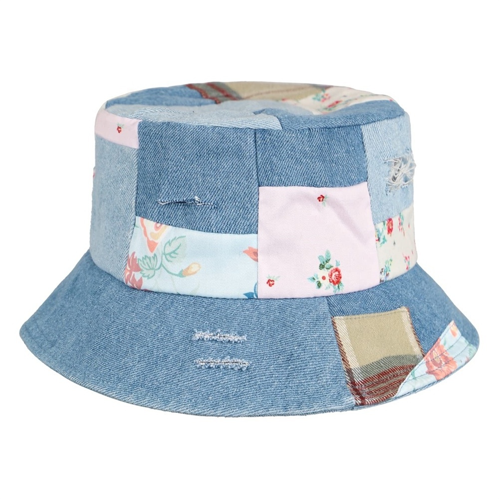 Floral Design Cool Bucket Hats Custom Made High Quality Washed Denim Jeans Fisherman Hat/ BSCI China Sports Caps Custom Logo OEM